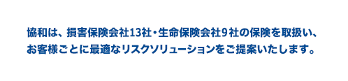 協和は、損害保険会社14社・生命保険会社8社の保険を取扱い、お客様ごとに最適なリスクソリューションをご提案いたします。